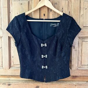 Hampton Nites Small‎ (?) 90s Black Silver Brocade Rhinestone Cap Sleeve